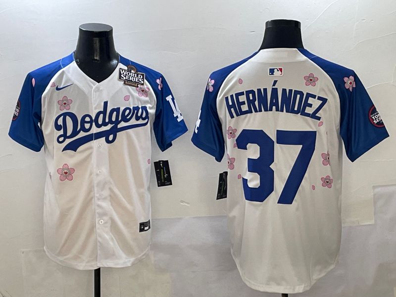 Men Los Angeles Dodgers #37 Hernandez White Blue Sakura Edition 2025 Nike MLB Jersey style 6